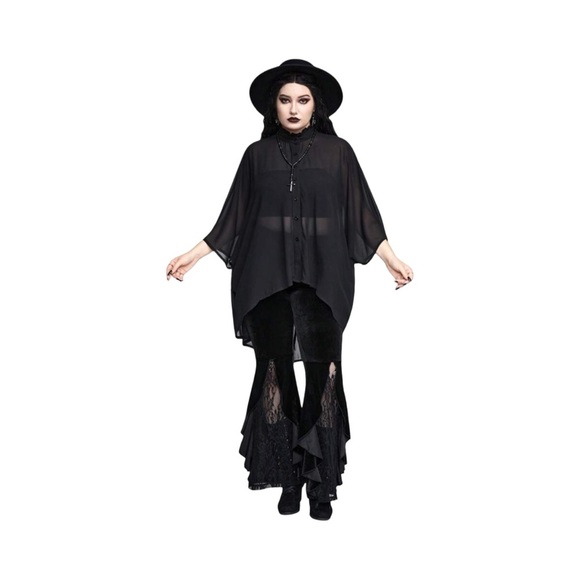Goth Tops - Black Batwing Sleeve Chiffon Button Down Ruffle Neck Goth 14/1XL
